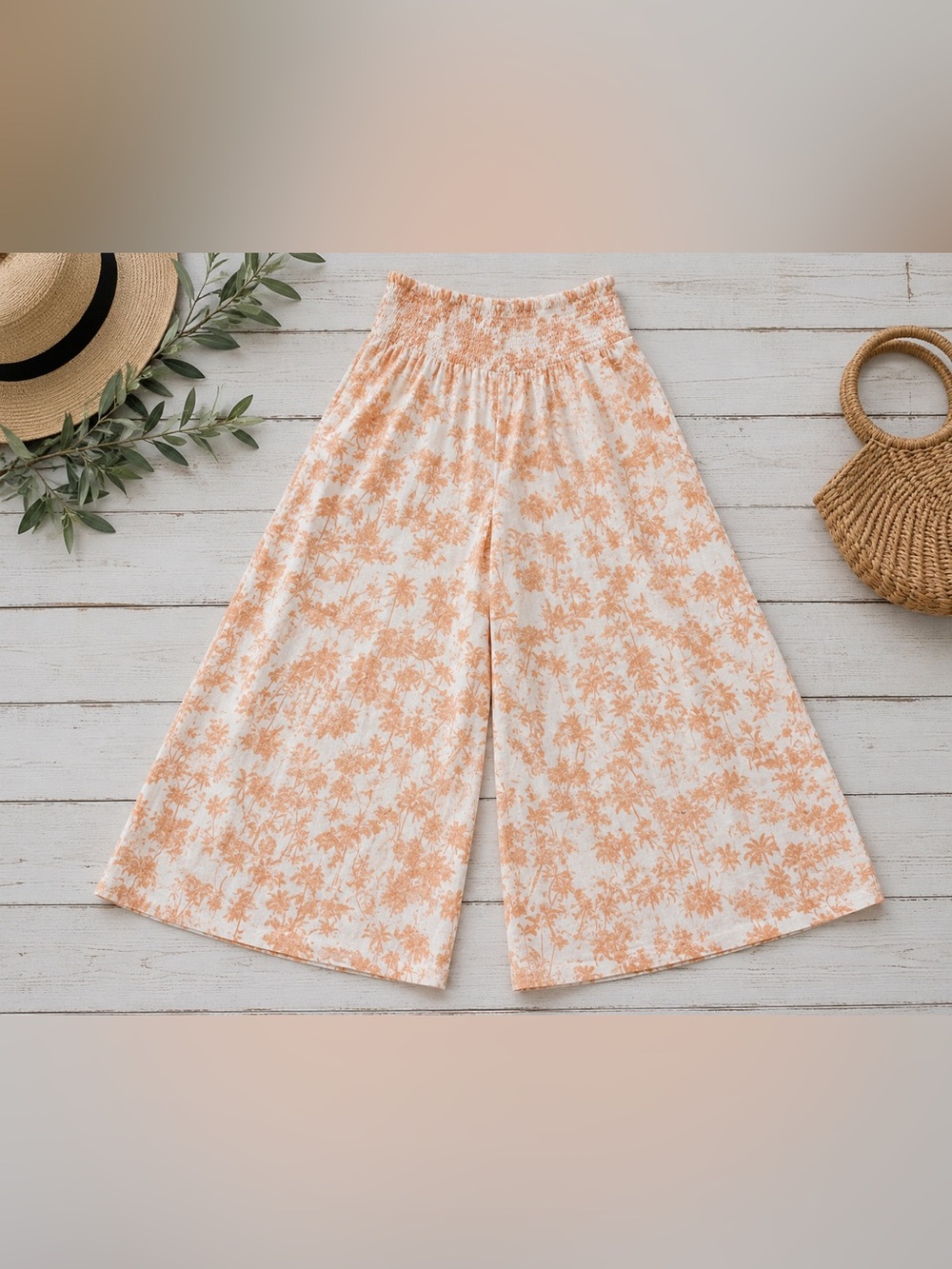 CeCe Linen Blend Tropical Print Wide Leg Palazzo Pants Large